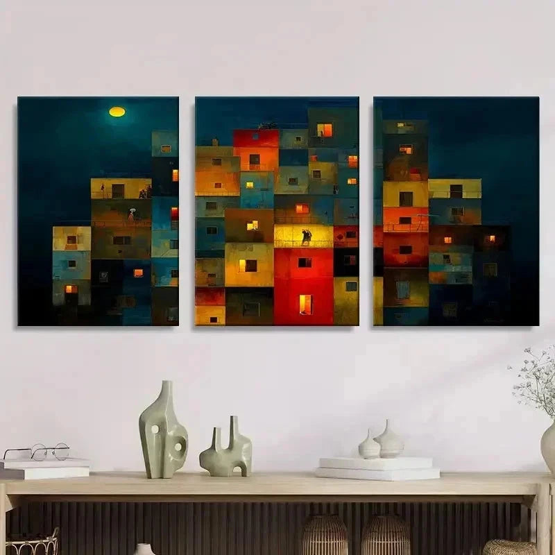 3pcs Cozy Apartment Complex at Night Wall Art Set Canvas Framed 40x60cm - High Quality Print 100% Australian Made Wall Canvas Ready to Hang - Bella Home Decor