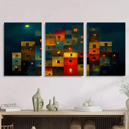 3pcs Cozy Apartment Complex at Night Wall Art Set Canvas Framed 40x60cm - High Quality Print 100% Australian Made Wall Canvas Ready to Hang - Bella Home Decor
