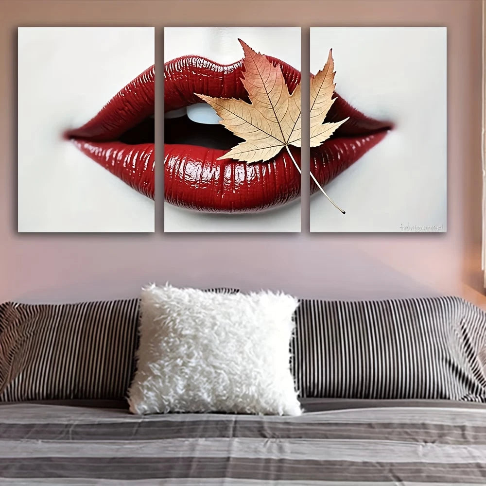 3pcs Vibrant Red Lips with Maple Leaf Design Wall Art Set Canvas Framed 40x60cm - High Quality Print 100% Australian Made Wall Canvas Ready to Hang