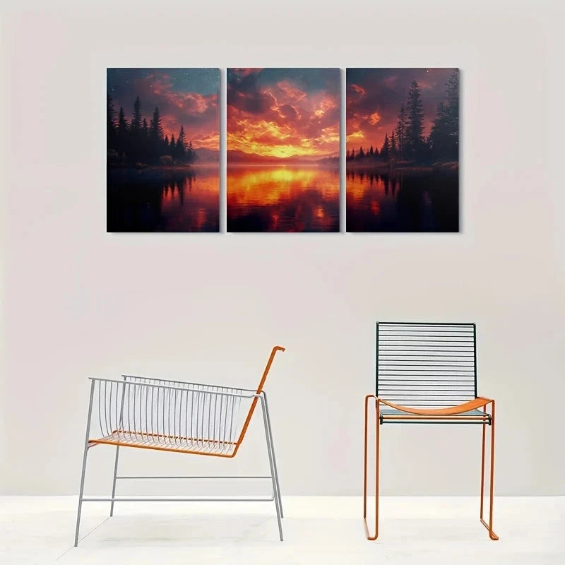 3pcs Serene Forest & Reflective Water Scene Metal Print Ready to Hang Art - Bella Home Decor