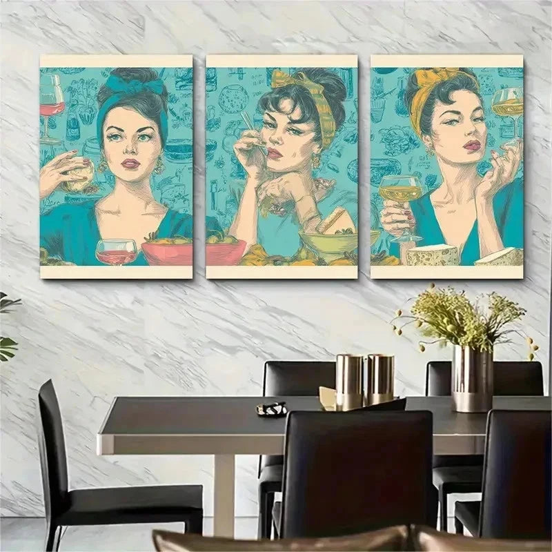 3pcs Girly Wine Cheese Coquette Retro Perfect Wall Art Set Canvas Framed 50x70cm - High Quality Print 100% Australian Made Wall Canvas Ready to Hang - Bella Home Decor