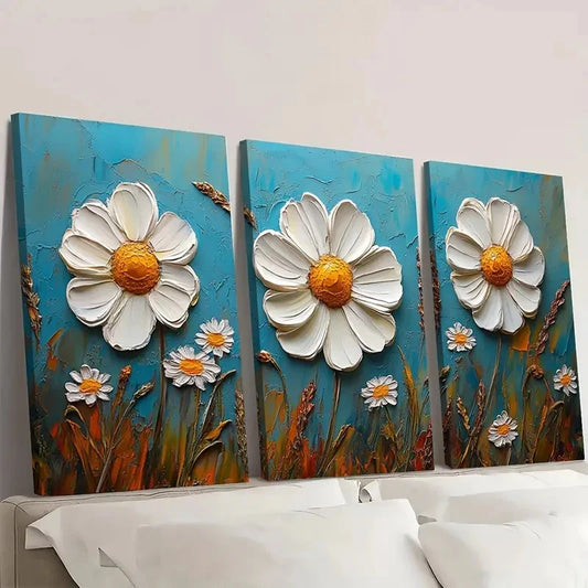 3pcs White Camomile Floral Impasto VB Wall Art Set Canvas Framed 60x90cm - High Quality Print 100% Australian Made Wall Canvas Ready to Hang