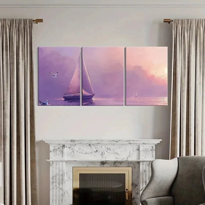 3pcs Sailing Boat Seagulls Sunset Ocean Metal Print Ready to Hang Art - Bella Home Decor