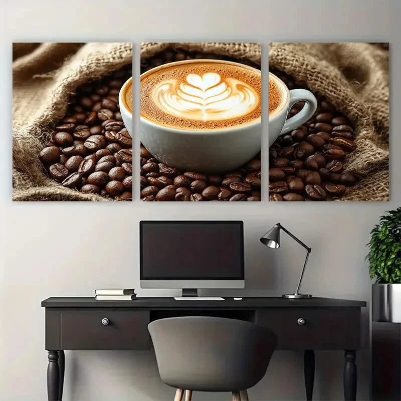 3pcs Latte on Coffee Sack Surrounded by Beans Metal Print Ready to Hang Art - Bella Home Decor