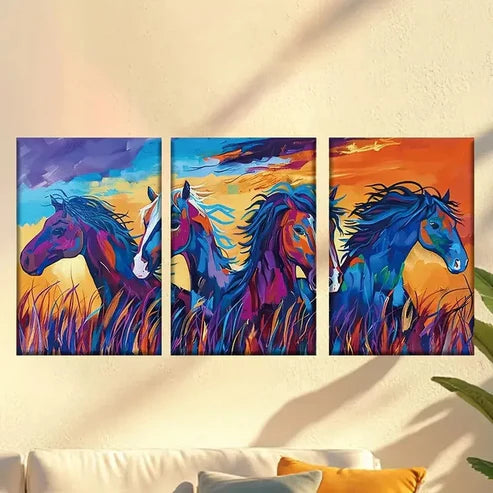 3pcs Colorful Abstract Horse Herd on Grassland Wall Art Set Canvas Unframed – High Quality Print 100% Australian Made Wall Canvas - Bella Home Decor