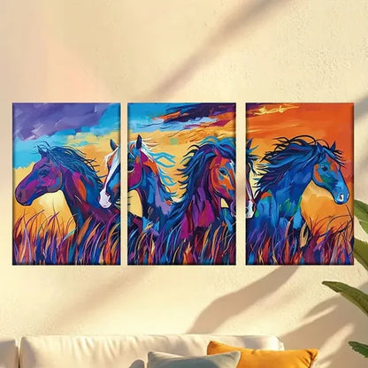 3pcs Colorful Abstract Horse Herd on Grassland Wall Art Set Canvas Unframed – High Quality Print 100% Australian Made Wall Canvas - Bella Home Decor