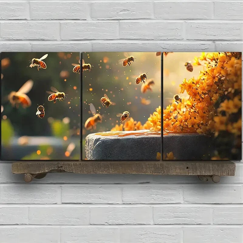 3pcs Bees on Osmanthus Insects Metal Print Ready to Hang Art - Bella Home Decor