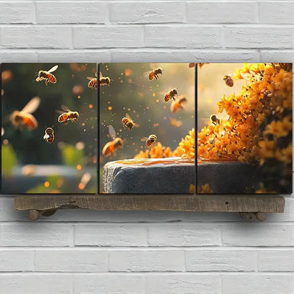 3pcs Bees on Osmanthus Insects Metal Print Ready to Hang Art - Bella Home Decor
