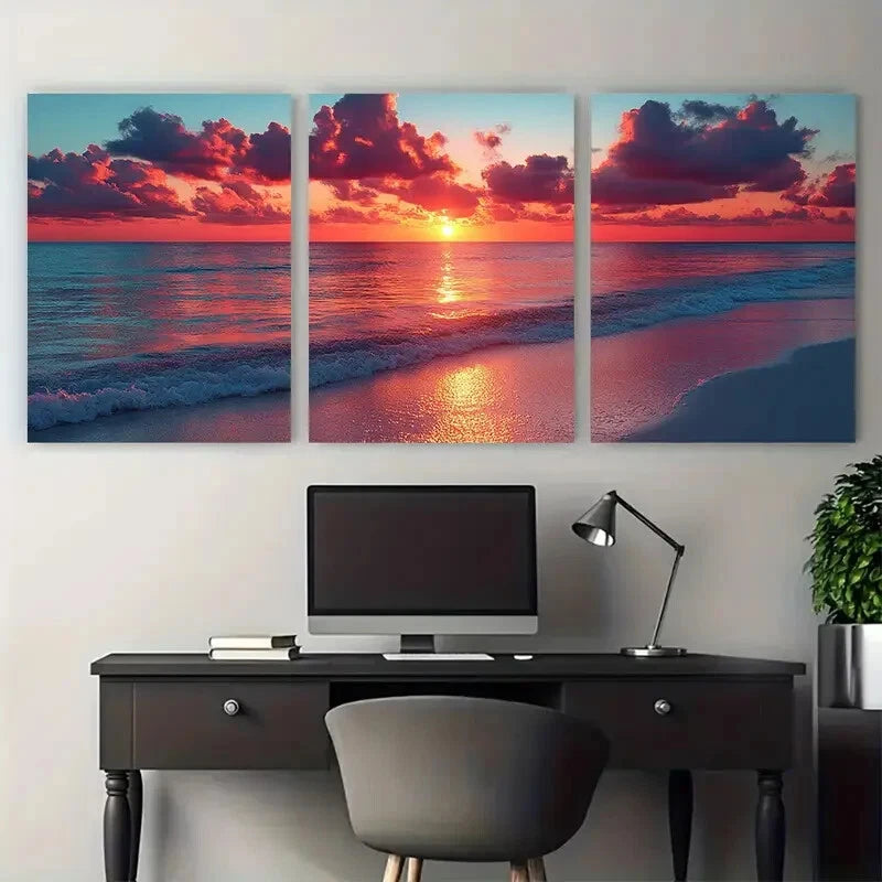 3pcs Vibrant Beach Seashore Sunset Illustration Metal Print Ready to Hang Art - Bella Home Decor