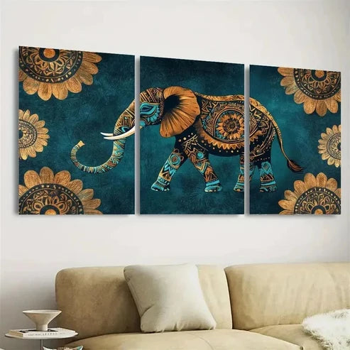 3pcs Vibrant Teal & Golden Elephant Wall Art Set Canvas Unframed - High Quality Print 100% Australian Made Wall Canvas