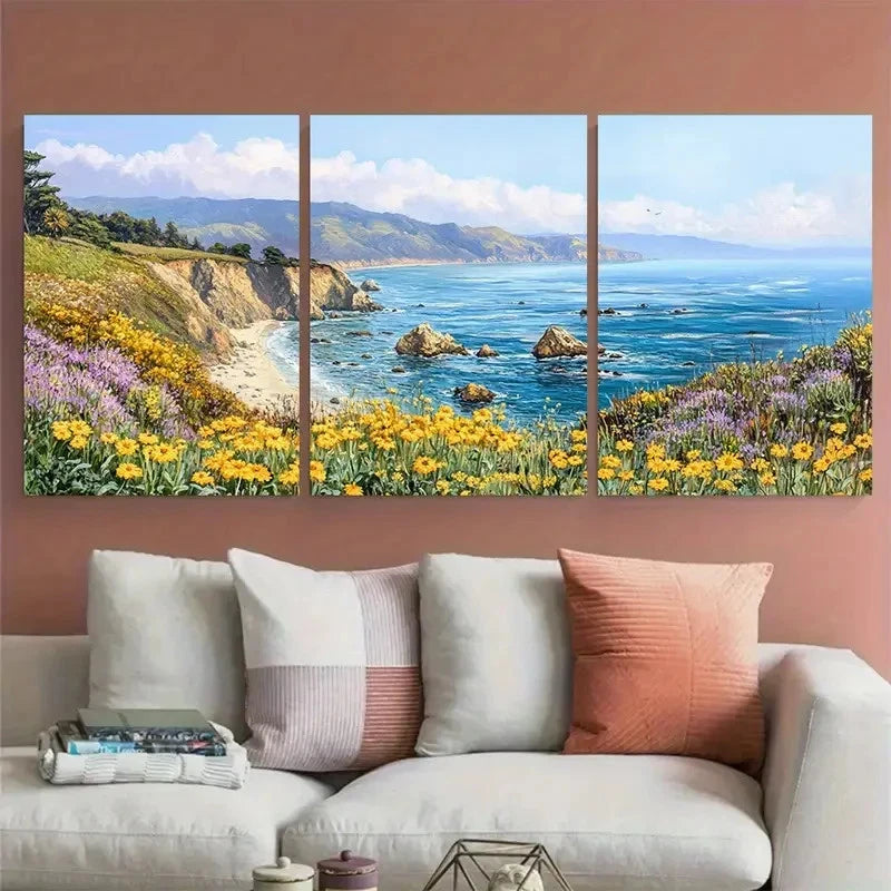 3pcs Big Sur Wildflowers Coastal Ocean Landscape Wall Art Set Canvas Framed 40x60cm - High Quality Print 100% Australian Made Wall Canvas Ready to Hang - Bella Home Decor