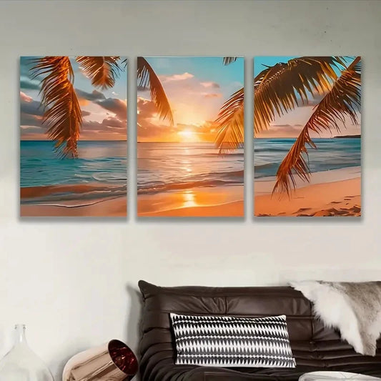3pcs Sunset Beach Palm Scene Wall Art Set Canvas Framed 40x60cm - High Quality Print 100% Australian Made Wall Canvas Ready to Hang