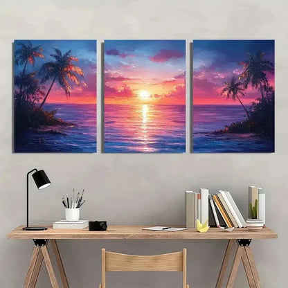 3pcs Vibrant Palm Tree Sunset & Ocean Wall Art Set Canvas Unframed - High Quality Print 100% Australian Made Wall Canvas