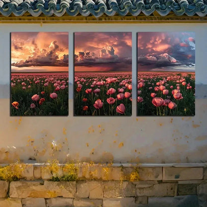 3pcs Cloudy Sky, Flower Fields Illustration Metal Print Ready to Hang Art - Bella Home Decor