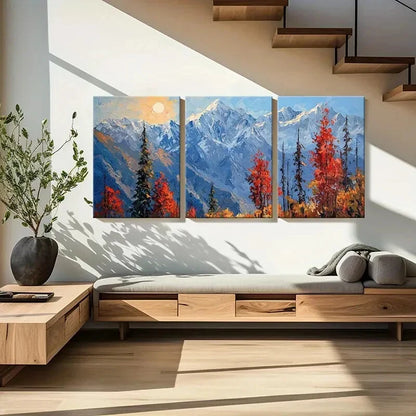 3pcs Mountain Landscape Autumn Trees Snowy Peaks Metal Print Ready to Hang Art - Bella Home Decor