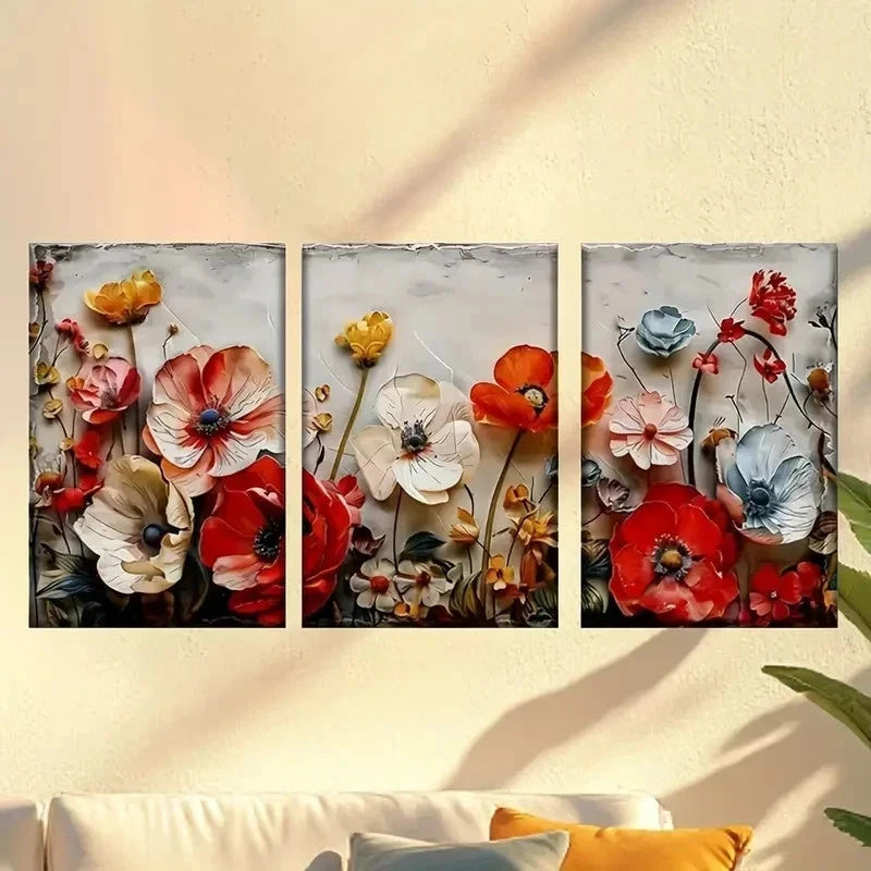 3pcs Painting of Red And White Flowers Wall Art Set Canvas Framed 40x60cm - High Quality Print 100% Australian Made Wall Canvas Ready to Hang