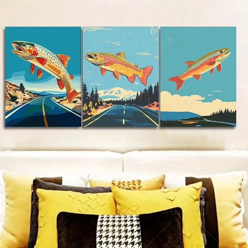 3pcs Flying Fish Art Painting I  Wall Art Set Canvas Framed 40x60cm - High Quality Print 100% Australian Made Wall Canvas Ready to Hang - Bella Home Decor