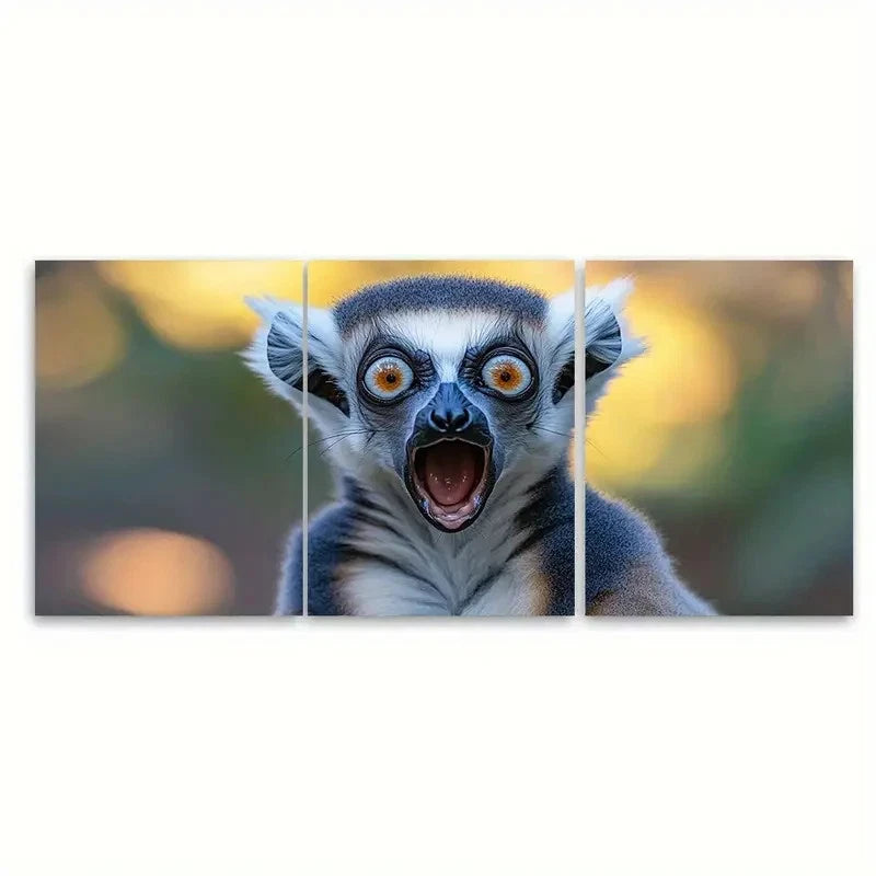 3pcs Shocked Ring Tailed Lemur Quirky Wildlife Wall Art Set Canvas Framed 40x60cm - High Quality Print 100% Australian Made Wall Canvas Ready to Hang - Bella Home Decor