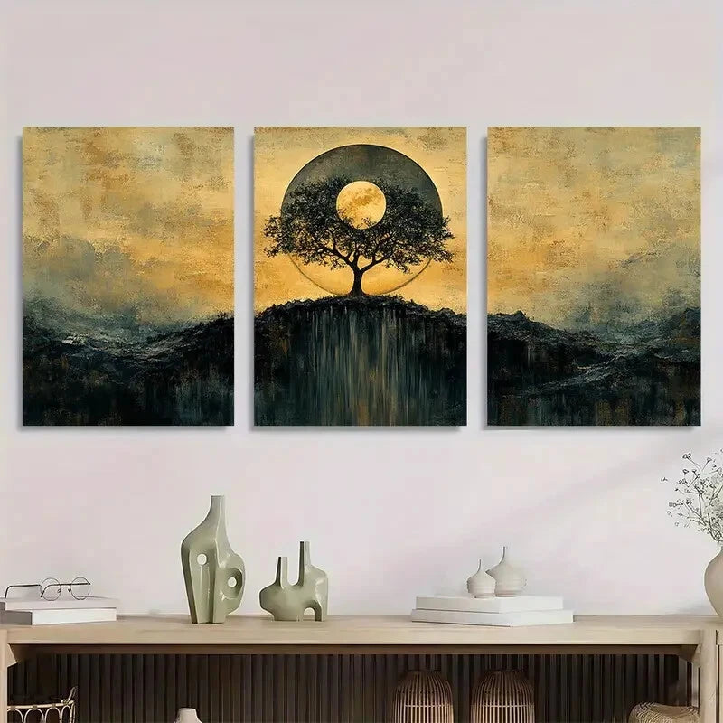 3pcs Modern Abstract Tree Wheel Dark Beige Metal Print Ready to Hang Art - Bella Home Decor