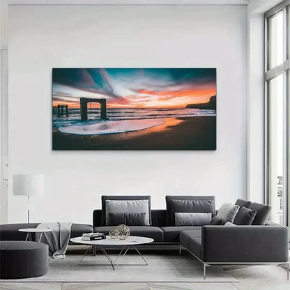 Beach Sunset Scene With Waves Wall Art Canvas Office Home Room Framed 120x60cm