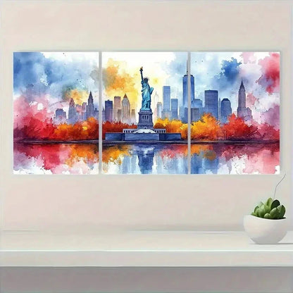 3pcs Statue of Liberty Watercolor Print Metal Print Ready to Hang Art - Bella Home Decor