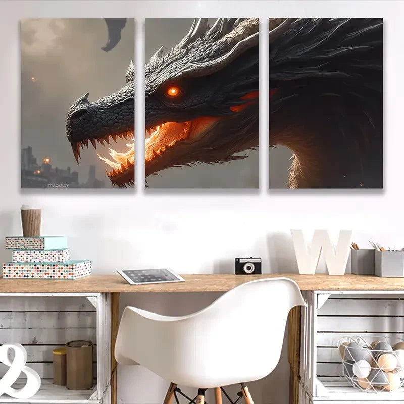 3pcs Black Dragon with Glowing Orange Eyes art   Wall Art Set Canvas Framed 50x70cm - High Quality Print 100% Australian Made Wall Canvas Ready to Hang - Bella Home Decor