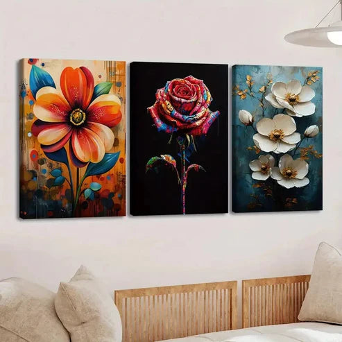 3pcs Vibrant Florals Paint Roses Peonies Orange Wall Art Set Canvas Unframed - High Quality Print 100% Australian Made Wall Canvas