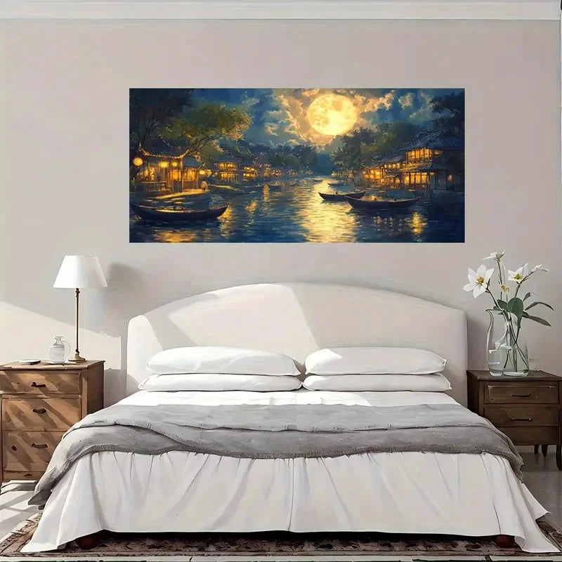 Moonlit River Village Scene Wall Art Canvas Office Home Room Framed 120x60cm