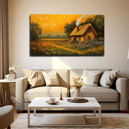 Rustic Sunset Cottage Scene Wall Art Canvas Office Home Room Framed 120x60cm