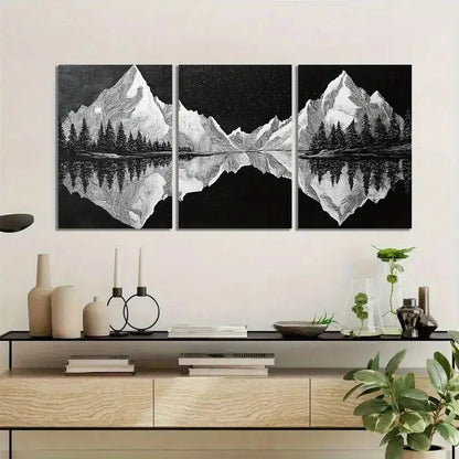 3pcs Snowy Mountains Black & White Abstract Metal Print Ready to Hang Art
