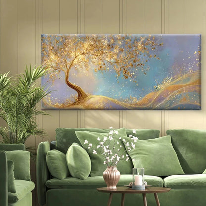 Golden Tree Luminous Waves Wall Art Canvas Office Home Room Framed 120x60cm