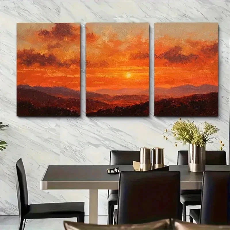 3pcs Sunset Over Hilltops Vintage Perfect Wall Art Set Canvas Framed 50x70cm - High Quality Print 100% Australian Made Wall Canvas Ready to Hang