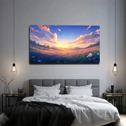 Vibrant Sunset and Flower Field Wall Art Canvas Office Home Room Framed 120x60cm - Bella Home Decor