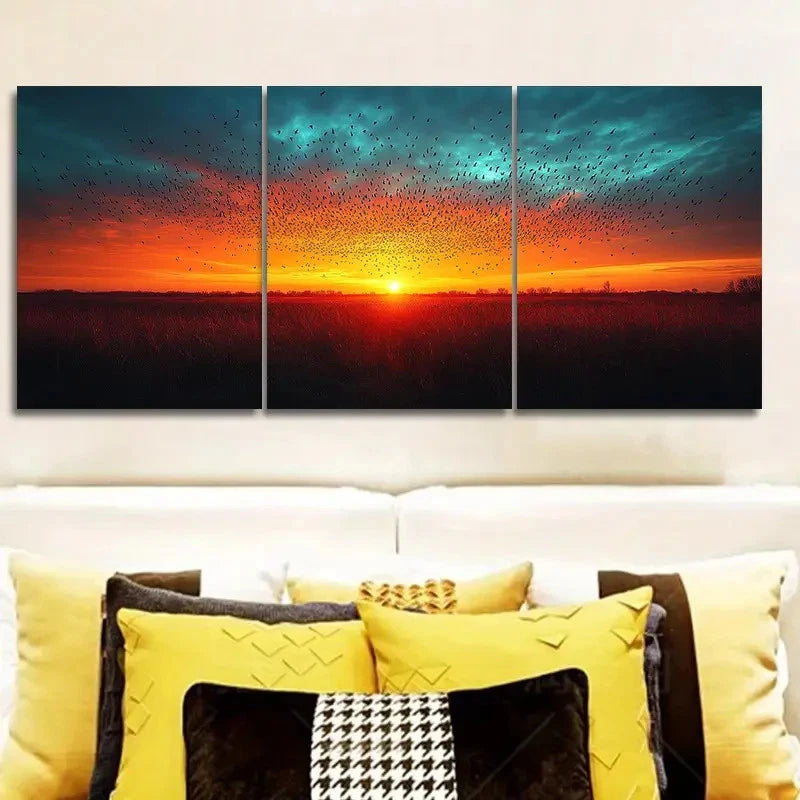3pcs Bird Flock at Sunset Painting  Wall Art Set Canvas Framed 50x70cm - High Quality Print 100% Australian Made Wall Canvas Ready to Hang - Bella Home Decor