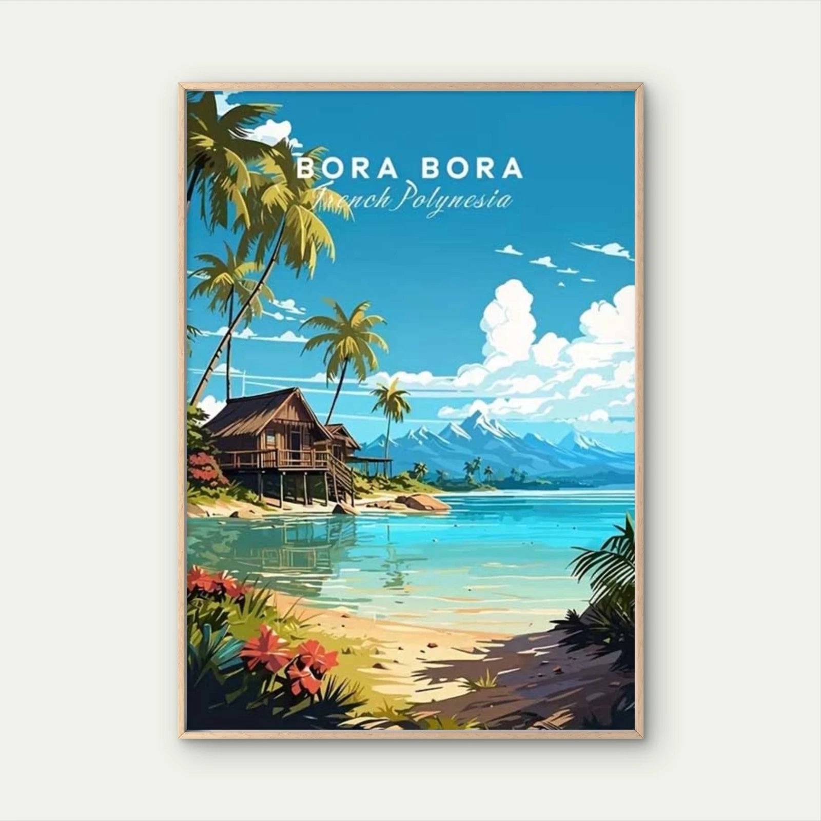 Bora Bora French Polynesia Trees On Tropical Beach Travel Poster Print Wall Art - Bella Home Decor
