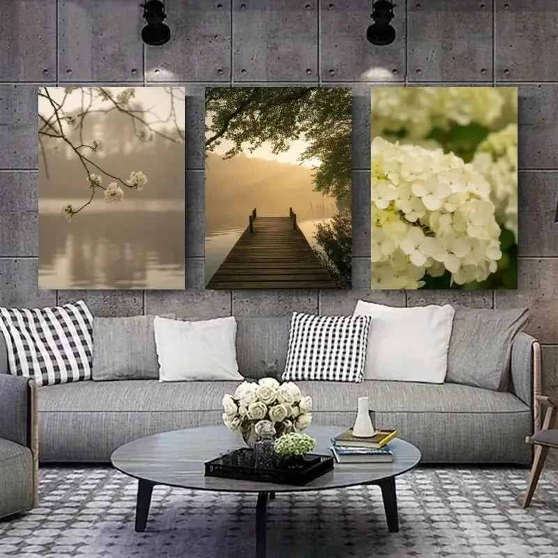 3pcs Cherry Blossom Wooden Pier Hydrangea Metal Print Ready to Hang Art - Bella Home Decor