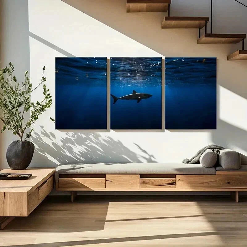 3pcs Sea Life Scene with Realistic Shark Wall Art Set Canvas Framed 40x60cm - High Quality Print 100% Australian Made Wall Canvas Ready to Hang - Bella Home Decor