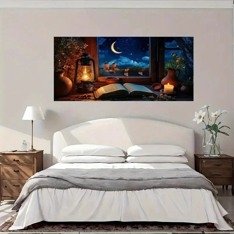 Night Sky Crescent Moon Lantern Wall Art Canvas Office Home Room Framed 120x60cm