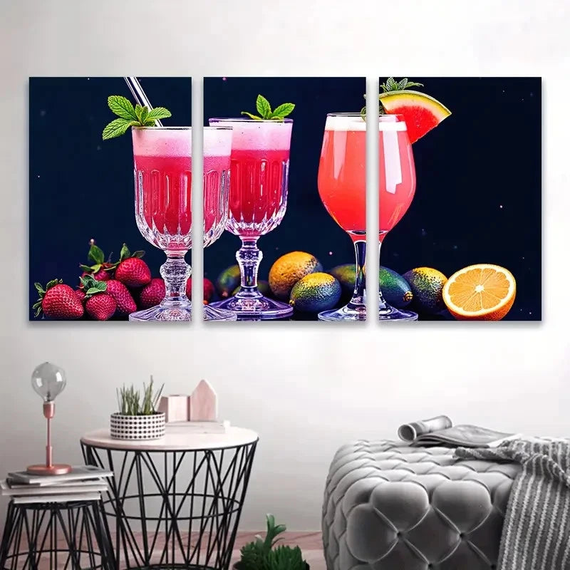 3pcs Vibrant Fruit Drink with Strawberries Wall Art Set Canvas Framed 60x90cm - High Quality Print 100% Australian Made Wall Canvas Ready to Hang