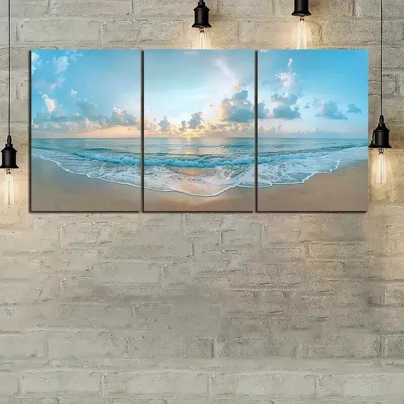 3pcs Beautiful Beach with Golden Sand and Sunset Wall Art Set Canvas Framed 50x70cm - High Quality Print 100% Australian Made Wall Canvas Ready to Hang