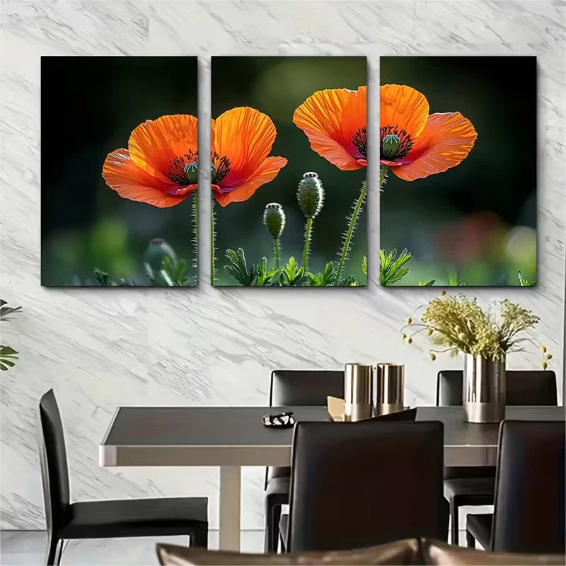 3pcs Vibrant Red Orange Poppy Metal Print Ready to Hang Art