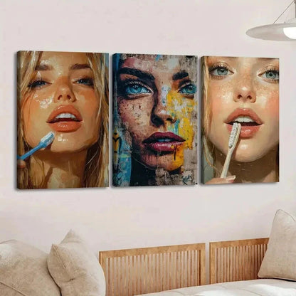 3pcs Abstract Face Makeup Vibrant Blue & Golden Wall Art Set Canvas Framed 50x70cm - High Quality Print 100% Australian Made Wall Canvas Ready to Hang