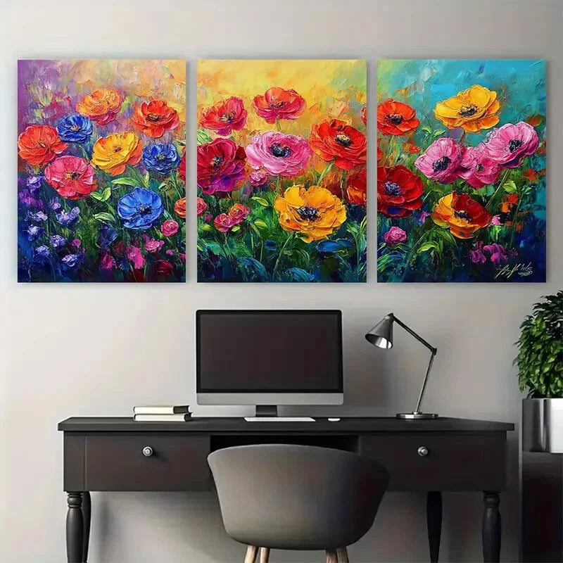 3pcs Colorful Flower Bright Garden Abstract Design Metal Print Ready to Hang Art - Bella Home Decor