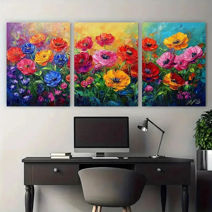 3pcs Colorful Flower Bright Garden Abstract Design Metal Print Ready to Hang Art - Bella Home Decor