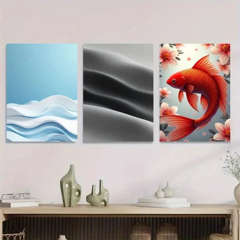3pcs Modern Abstract Ocean Waves Black Silk Wall Art Set Canvas Unframed - High Quality Print 100% Australian Made Wall Canvas