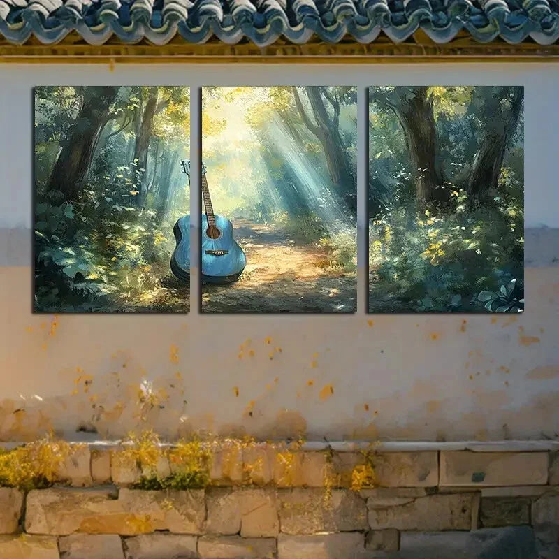 3pcs Vibrant Forest Sunlight and Guitar Metal Print Ready to Hang Art - Bella Home Decor