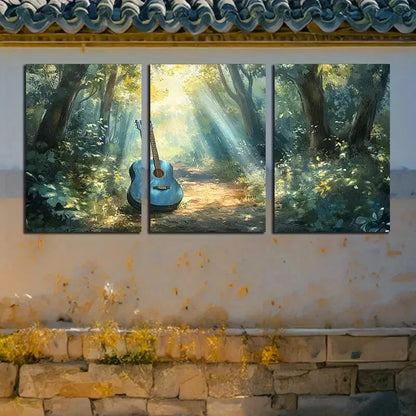 3pcs Vibrant Forest Sunlight and Guitar Metal Print Ready to Hang Art - Bella Home Decor