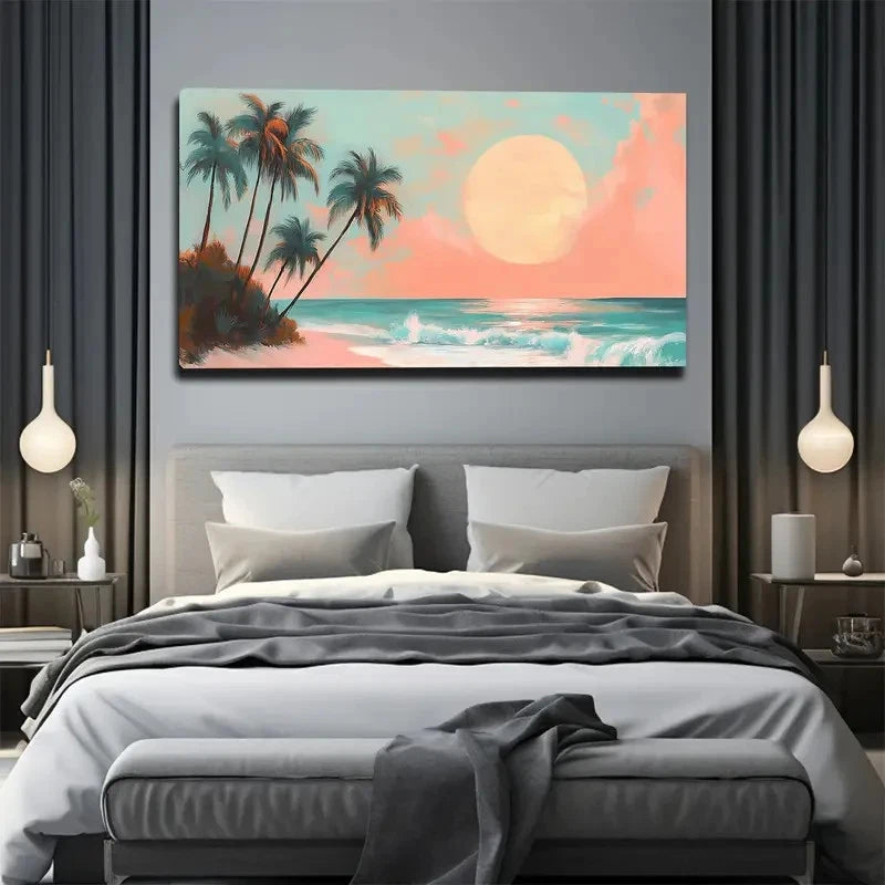 Bedroom with a sunset over the ocean painting on the wall