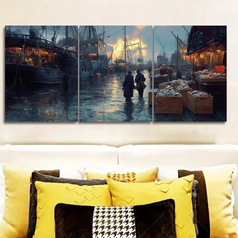 3pcs Depicting a Lively Harbor Scene Painting Metal Print Ready to Hang Art - Bella Home Decor