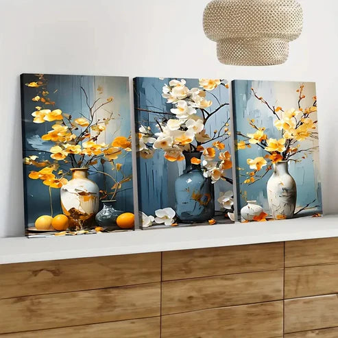 3pcs Floral Bonsai Elegant White & Yellow Florals Art Wall Art Set Canvas Unframed - High Quality Print 100% Australian Made Wall Canvas